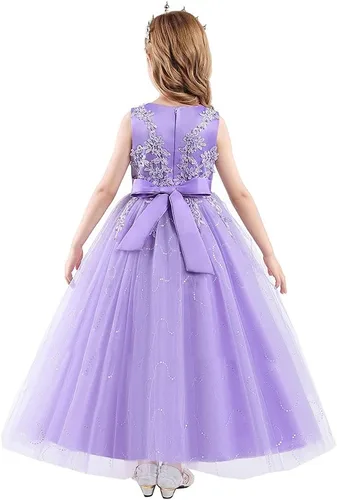 Miniatura 4 de MYRISAM Vestido largo de tul con encaje bordado para niñas de flores, para comunión, para comunión, cumpleaños, princesa, concurso de belleza