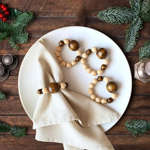 Miniatura 6 de Juego de 6 servilleteros modernos con cuentas de madera Servilleteros de cena para vacaciones y Navidad, fiesta de cumpleaños y decoración de boda