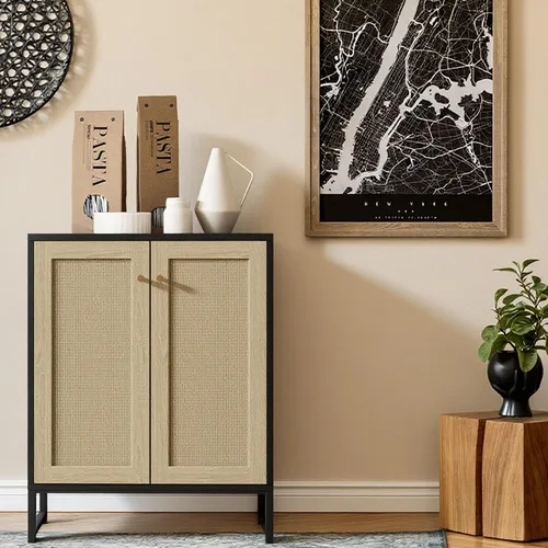 Miniatura 5 de Panana Gabinete de almacenamiento de ratán decorado con 2 puertas, gabinete de acento para sala de estar, armario de cocina, aparador de buffet Negro
