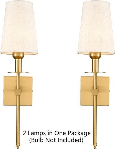 Miniatura 8 de Juego de dos apliques de pared dorados con enchufe, modernos apliques de latón con pantalla de tela, lámparas de pared para dormitorio, pasillo
