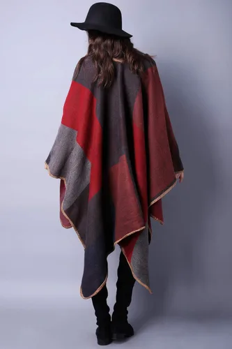 Miniatura 6 de Chal de punto para mujer, a cuadros, con parte delantera abierta, tipo poncho, tipo capa envolvente