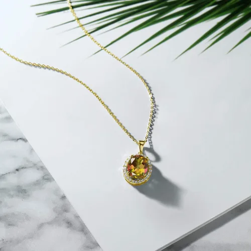 Miniatura 97 de Gem Stone King Collar con colgante de plata chapada en oro amarillo de 18 quilates de 0.433 x 0.354 in con piedra natal ovalada para mujer