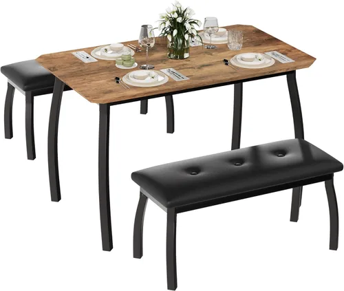 Miniatura 13 de Mesa de comedor para 4, juego de mesa de cocina de 3 piezas para 4 personas con mesa de madera y marco de metal, mesa de cocina industrial con 2