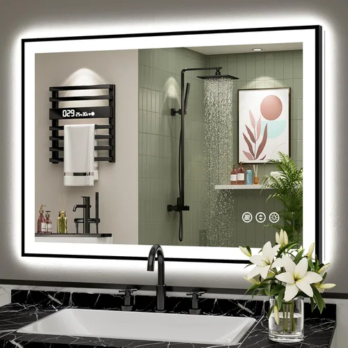 Miniatura 82 de 30x36 Espejo de baño LED con luces, retroiluminado y luz frontal, espejo de tocador iluminado antivaho para pared de baño, 3 colores, regulable