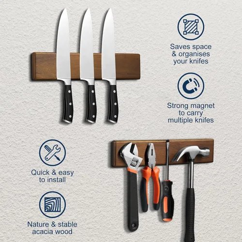 Miniatura 5 de ENOKING Soporte magnético para cuchillos de 10 pulgadas para refrigerador, tira de cuchillos de madera de acacia con exquisita caja de regalo