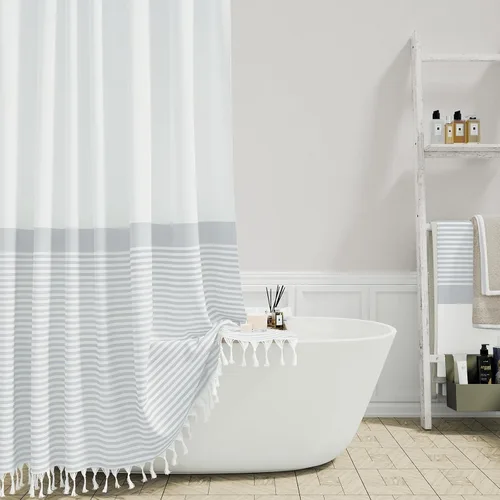 Miniatura 13 de Cortina de ducha Dynamene de tela color beige, cortina de ducha rústica/bohemia a rayas con borlas para baño, juego de cortinas de tela texturizada