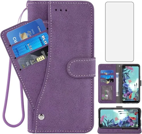 Asuwish Compatible con LG Q70 - Funda tipo cartera y protector de pantalla de vidrio templado, soporte para tarjetas de crédito, accesorios para