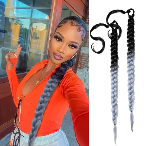 Miniatura 13 de 2 paquetes de 16 pulgadas de extensión de cola de caballo trenzada larga negra para mujeres negras con banda elástica, trenzado recto, extensiones