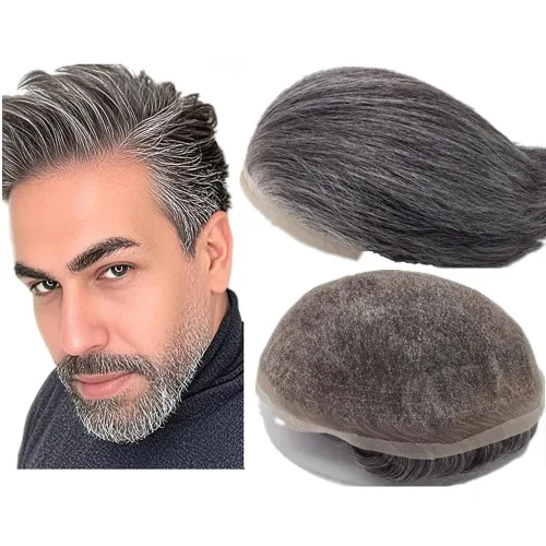 Miniatura 20 de 1B20 unidades de cabello gris Toupee para hombres piezas para hombre NLW sistema de reemplazo de heredero humano europeo para hombres 10x8 "toupee