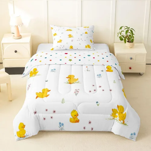 Miniatura 50 de Erosebridal Juego de ropa de cama a cuadros azul para niños, juego de cama individual con diseño de patos amarillos de dibujos animados, juego