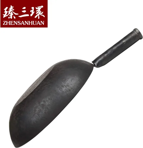 Miniatura 4 de ZhenSanHuan Wok de Hierro Martillado a Mano con Fondo Plano Apto para Inducción (32CM, Mango de Hierro)