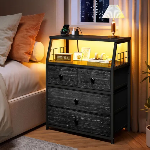 Miniatura 2 de EnHomee Mesita de noche negra de 21.8 pulgadas de ancho con estación de carga y luces LED, mesita de noche con 4 cajones de tela, mesa de noche