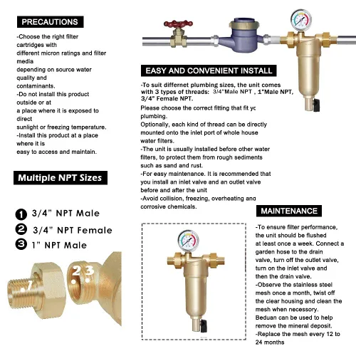Miniatura 5 de Beduan Filtro de agua de sedimentos reutilizable para toda la casa, protector de sistema de prefiltro de 1 pulgada, rosca macho y hembra de 3/4