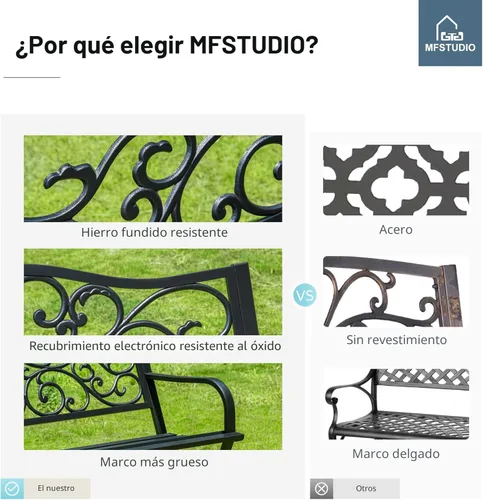 Miniatura 8 de MFSTUDIO Banco de jardín al aire libre de 50 pulgadas, banco de hierro fundido con marco de metal con respaldo de patrón floral, patas de arco