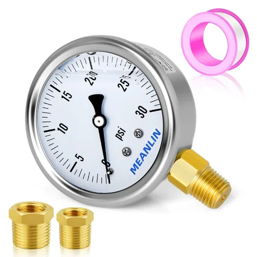 Miniatura 100 de MEANLIN MEASURE - Manómetro de acero inoxidable, relleno de líquido, esfera con cara de 2.5 pulgadas, NPT de 1/4 de pulgada, agua, aceite y gas
