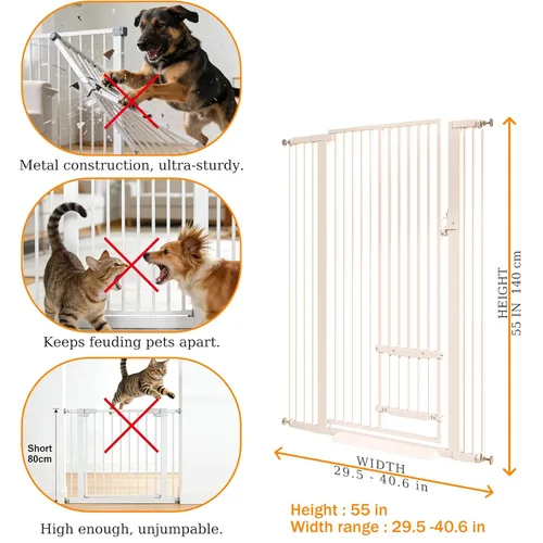 Miniatura 2 de Puerta extra alta para gatos de 55.11 pulgadas, puerta de 29.5-40.6 pulgadas de ancho con puerta pequeña para gatos, puerta de seguridad para Blanco