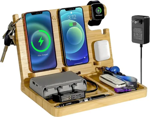 Miniatura 10 de Base de carga para teléfono de madera Xunhomon, estación de carga inalámbrica de 27W de carga rápida para 2 teléfonos para iOS/Android/iWatch/Air