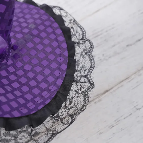 Miniatura 3 de Dzrige Sombrero de bruja de Halloween, diadema de plumas de bruja con ribete de encaje, accesorio para la cabeza para fiesta de Halloween, cosplay