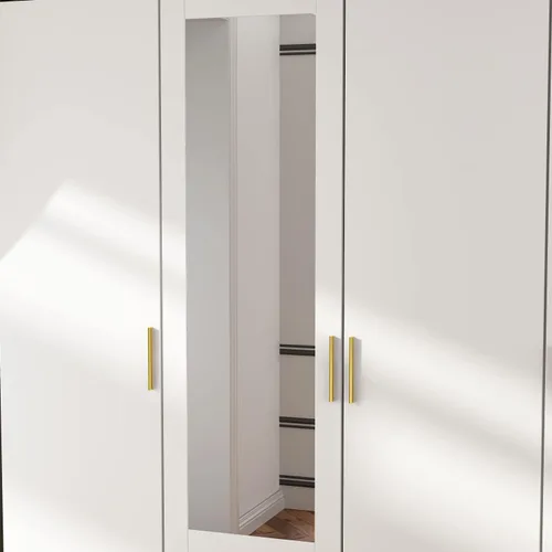 Miniatura 7 de Armario de 4 puertas con puerta de espejo, armario de madera de 63 pulgadas de ancho con 2 cajones y barra para colgar, armario de dormitorio
