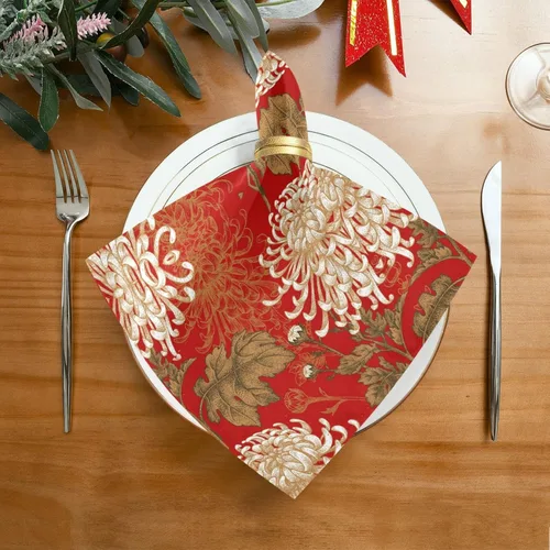 Miniatura 5 de ALAZA Juego de 6 servilletas de tela de crisantemo blancas sobre rojo, servilletas de mesa reutilizables, tela de poliéster lavable para cóctel