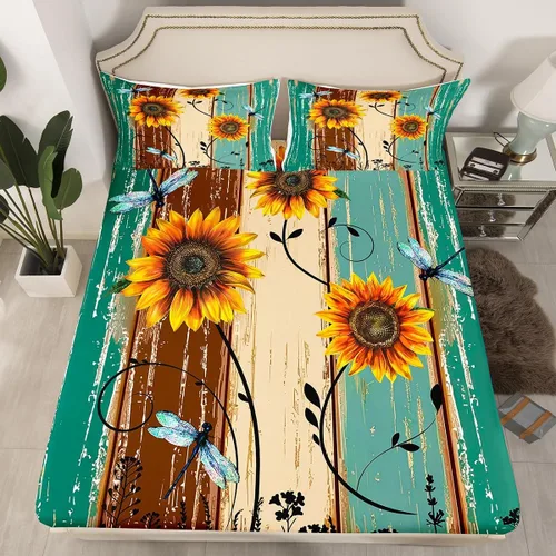 Miniatura 8 de Erosebridal Juego de ropa de cama rústica de tamaño individual, diseño de mariposa y girasol, para niños, adolescentes, adultos, retro, grunge