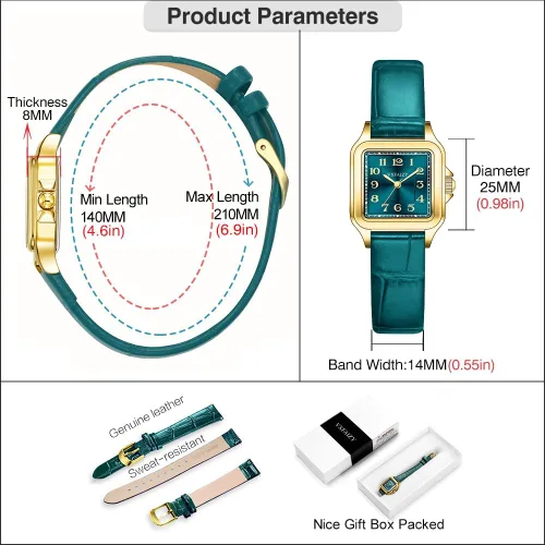 Miniatura 6 de Reloj cuadrado delicado para mujeres con números arábigos fáciles de leer, relojes de vestir para damas
