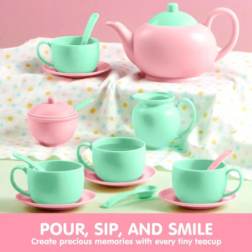 Miniatura 2 de JOYIN Juego de 18 piezas de fiesta de té de simulación, juego de té de plástico, mini cocina para niños, regalos para niños y niñas de 3, 4, 5, 6