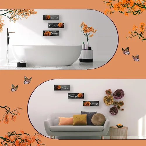 Miniatura 7 de ZINYAZHE 3 piezas de decoración de pared naranja inspiradoras rosas naranjas decoración de baño, arte de pared de madera, citas positivas You Are