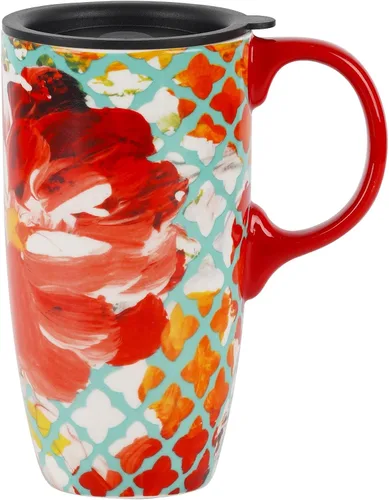 Miniatura 11 de Taza de viaje de cerámica de 17 onzas con tapa y asa, taza de café con patrón floral de abeja, apta para microondas y lavavajillas, taza de café