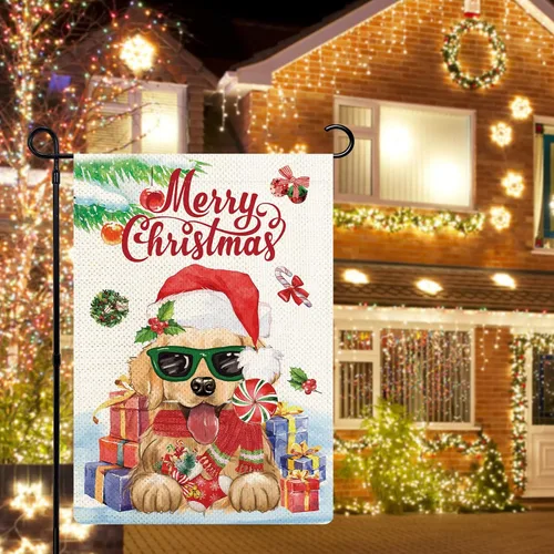 Miniatura 6 de Golden Retriever - Bandera de jardín con texto en inglés "Merry Christmas", de arpillera, de 12 x 18 pulgadas, doble cara para patio, porche