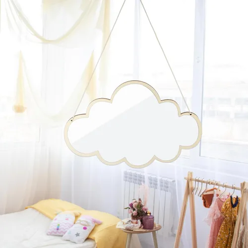 Miniatura 4 de HOMSFOU Espejo de pared colgante nórdico, espejo decorativo en forma de nube con marco de madera y cuerda de cáñamo para baño, dormitorio