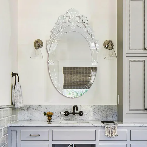 Miniatura 5 de KOHROS Espejo Ovalado para Baño de 42" x 24" Espejo Veneciano con Corona Superior Floral Grabada Sin Marco Espejo Decorativo de Pared para Tocador