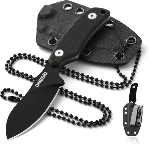 Miniatura 10 de Omesio Cuchillo para el cuello, cuchillo de hoja fija de 5.82 pulgadas con funda y collar Kydex, cuchillo táctico para el cuello Campact de espiga