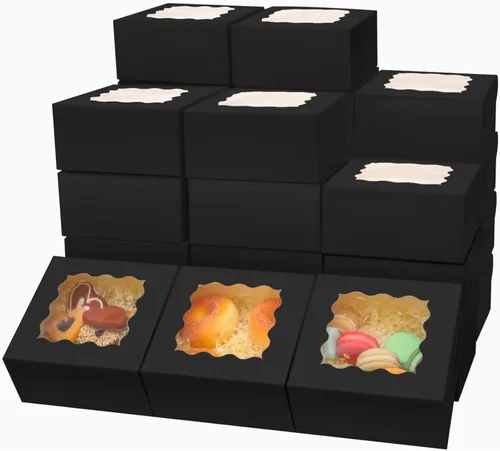 Bakepacker 100 piezas de cajas de panadería negras con ventana de 6x6x3 pulgadas, gruesas y resistentes, cajas de macarrón y de repostería, cajas