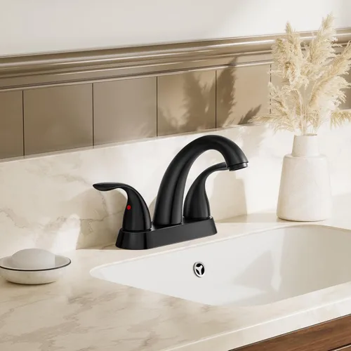 Miniatura 2 de Phiestina Grifo de Lavabo de Baño de 4 Pulgadas, 2 o 3 Agujeros, 2 Asas, Centerset, Negro Mate, Sin Plomo, con Drenaje Emergente de Cobre y Líneas