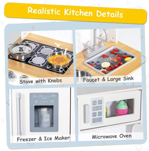 Miniatura 4 de Juego de cocina, cocina de madera para niños pequeños con grifo, fregadero, máquina de hielo, juguetes de cocina, alturas ajustables, estufa, cocina