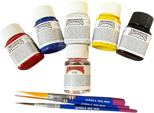 Miniatura 7 de Alphanamel Kit de estudiante de pinstriping, juego de pintura de 5 colores, 3 brochas de rayas Evil Trio y panel de aluminio de doble cara