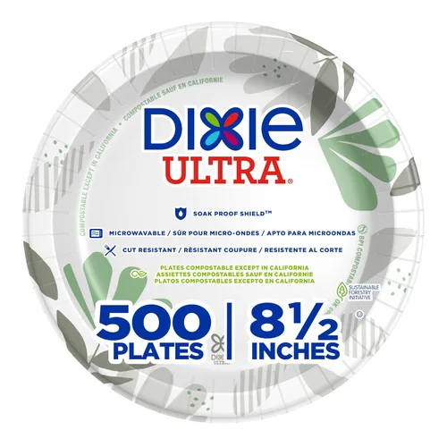 Dixie Ultra - Platos de papel pesados de 8.5 pulgadas por GP PRO, diseño botánico Pathways, 500 unidades (125 platos desechables por paquete, 4