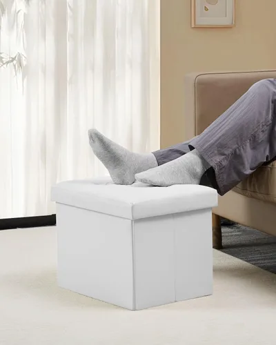 Miniatura 2 de Bsketa - Otomana de almacenamiento plegable, taburete con asiento acolchado de espuma más gruesa, pequeña otomana de cuero con almacenamiento, Blanco