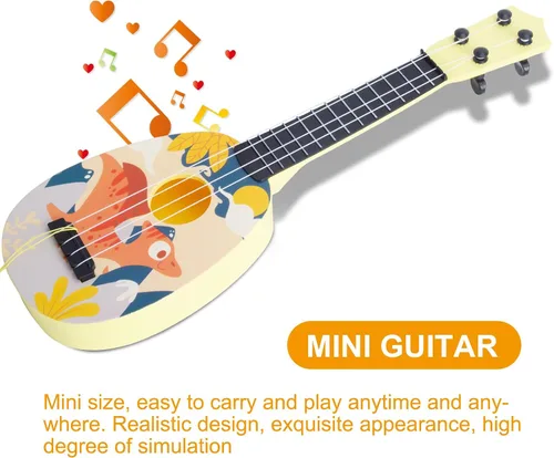 Miniatura 7 de YOLOPLUS+ Ukelele de juguete para niños, juguete musical de guitarra para niños, 4 cuerdas de acero de 17 pulgadas, con púa, juego educativo