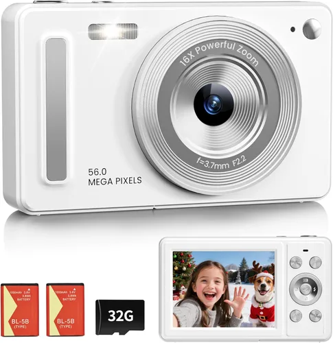 Miniatura 10 de Cámara digital, cámara FHD 1080P para apuntar y disparar con tarjeta SD de 32 GB, 2 baterías, zoom 16X, antivibraciones, diseño pequeño compacto