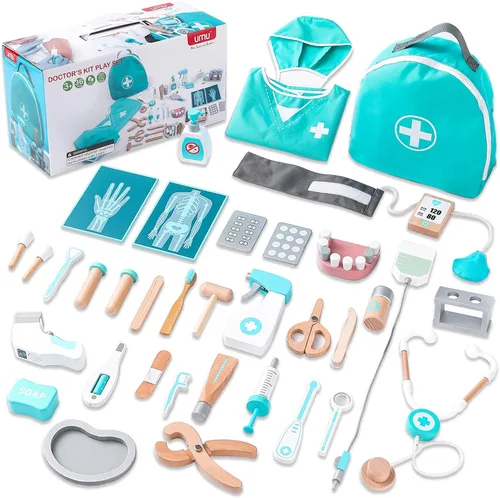 umu Kit de médico para niños, juguete de simulación de 36 piezas de madera para niños pequeños, kit de dentista Montessori Toys para niños y niñas