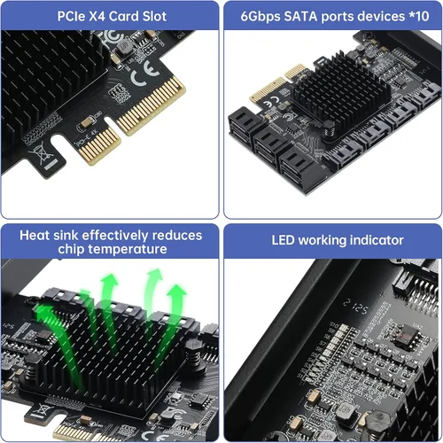 Miniatura 3 de Tarjeta PCI Express a SATA 3.0 de 2X 10 Puertos, Tarjeta de Expansión PCI Express a SATA III de 6Gbps, Chips ASM1166+JMB575