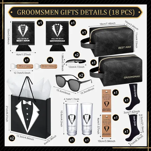Miniatura 3 de 20 cajas de propuestas para padrinos de boda con gafas de chupito, calcetines, gafas de sol, bolsa de aseo de piel sintética, abridor de botellas