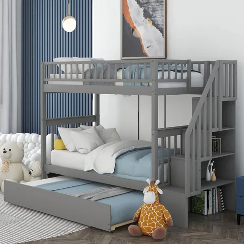 Miniatura 24 de Literas para niños con escalera, literas de madera maciza con barandilla completa