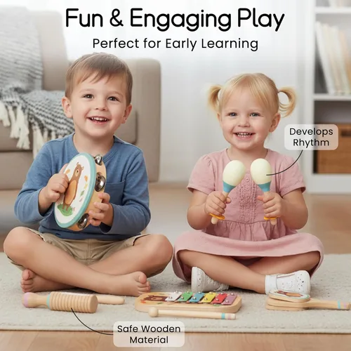 Miniatura 5 de Juego de instrumentos musicales de madera para niños pequeños, instrumentos de percusión de madera natural, juego de regalo de xilófono para niñas