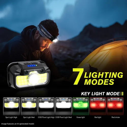 Miniatura 5 de Favorlite - Paquete de 2 faros recargables, 1300LM LED con luz roja y verde, 7 modos, ajuste de memoria, control de gestos, tipo C, resistente al