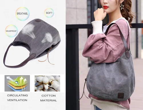 Miniatura 6 de DOURR Bolso de hombro con múltiples bolsillos para mujer bolso de lona de algodón a la moda
