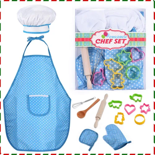 HmiL-U Juego de chef para niños, juego de 13 piezas de cocina y horneado para niños, incluye delantal, sombrero de chef, utensilios, guante de