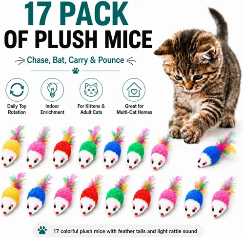 Miniatura 2 de FYNIGO Paquete de 17 juguetes interactivos para gatos de interior, ratones de felpa acentuados con hierba gatera con colas de plumas y sonido